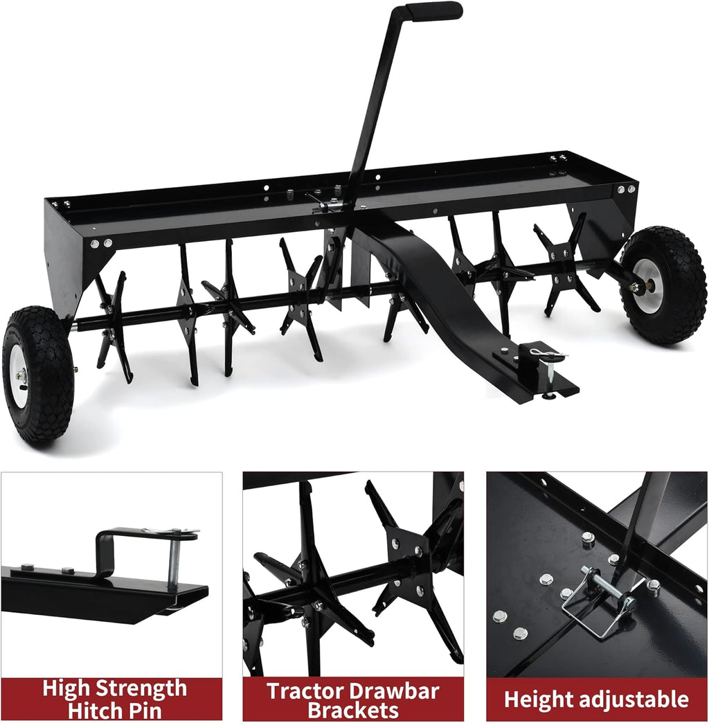 YITAMOTOR 48" Tow Plug Lawn Aerator with Universal Hitch,Black Painted Galvanized Steel with Tray and Inflatable Wheels, Lawn Aerator Tow Behind for Garden, Farm and Lawn