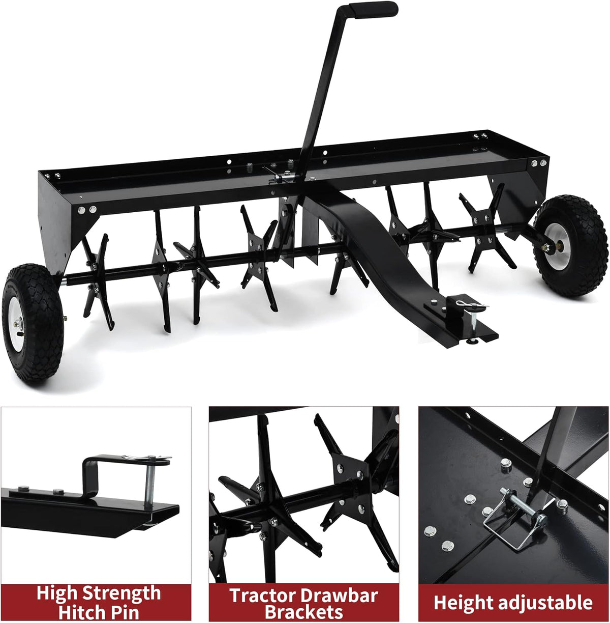 YITAMOTOR 48" Tow Plug Lawn Aerator with Universal Hitch,Black Painted Galvanized Steel with Tray and Inflatable Wheels, Lawn Aerator Tow Behind for Garden, Farm and Lawn