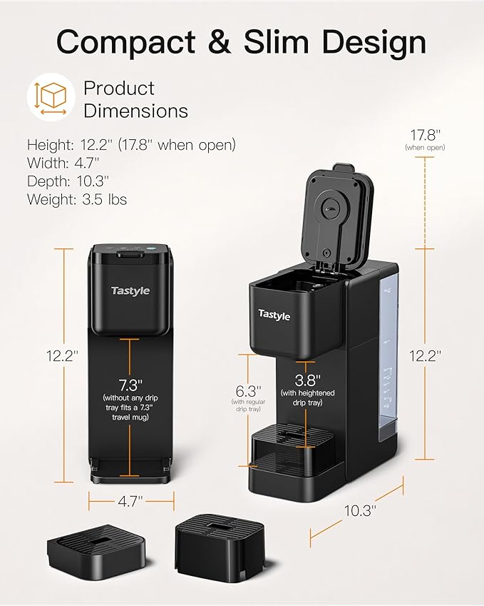 Single Serve Hot & Iced Coffee Maker with Strong Brew, 40oz Removable Reservoir, 6 Brew Sizes, Compatible with K Cup and Grounds, Compact for Home, Office, RV and Dorm, Black (2.0 Version)