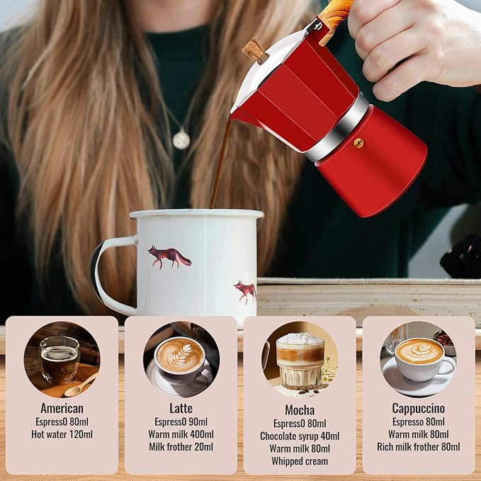 6 Cup Aluminum Moka Pot Classic Stovetop Espresso Coffee Maker 300ml 10oz Coffeemaker Percolator Mocha Pot Greca Coffee Maker Cafe Makers for Italian and Cuban Café Brewing Red