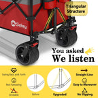Sekey 48''L Collapsible Foldable Extended Wagon with 440lbs Weight Capacity, Heavy Duty 300L Folding Utility Garden Cart with Big All-Terrain Beach Wheels & Drink Holders. Red&Grey