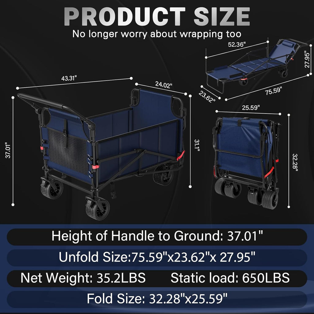 LEVELEVE Heavy Duty Folding Wagon - 2-in-1 Collapsible Cart, 650lb Capacity, All-Terrain Wheels w/Brakes & Side Pockets (Blue)