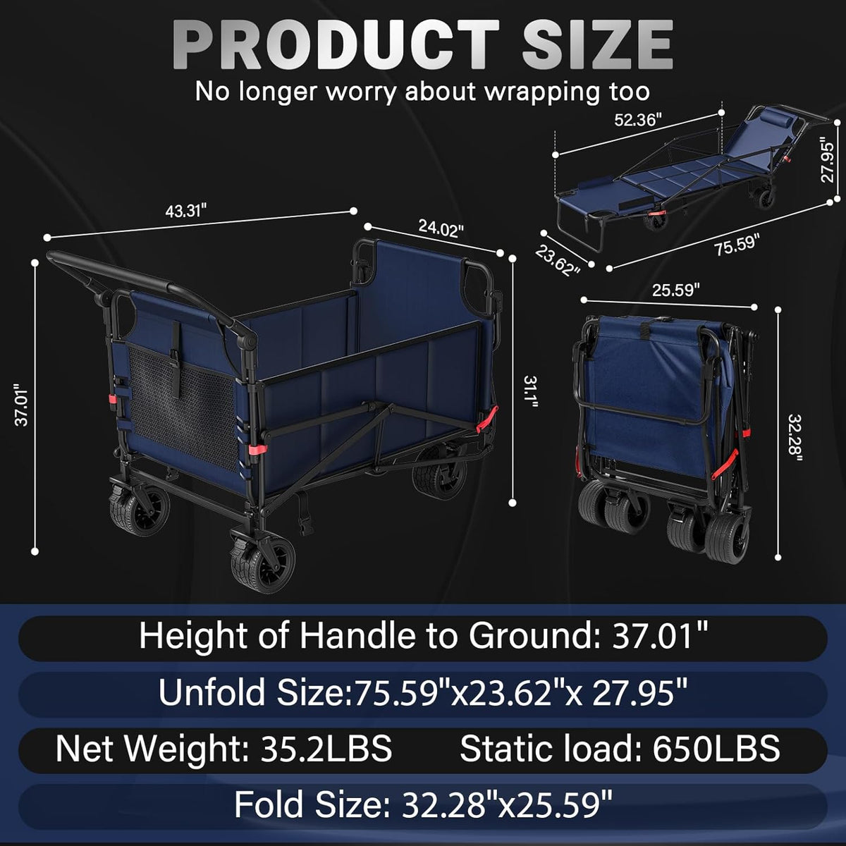 LEVELEVE Heavy Duty Folding Wagon - 2-in-1 Collapsible Cart, 650lb Capacity, All-Terrain Wheels w/Brakes & Side Pockets (Blue)