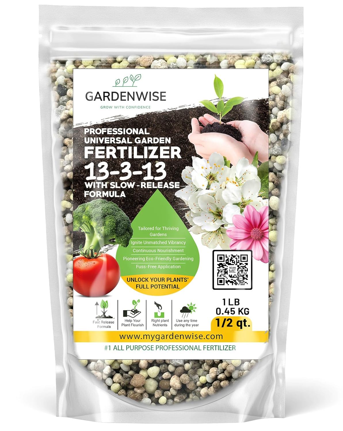 Professional Universal Garden Fertilizer 13-3-13 with Slow-Release Formula (0.5 Quart)