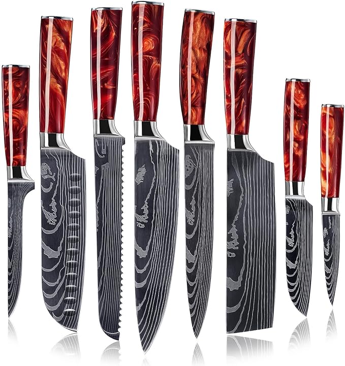 SENKEN 8-piece Japanese Kitchen Knife Set with Red Resin Handle and Laser Damascus Pattern - Crimson Collection - Chef's Knife, Santoku Knife, Paring Knife, & More - Ultra Sharp for Very Fast Cutting