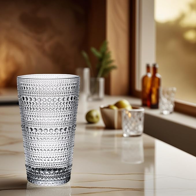 16oz Hobnail Highball Glasses[Set of 4] - Tall Water Glass Cup Glassware Set Fits New Home of Newlyweds, Dishwasher Safe, Stackable Design