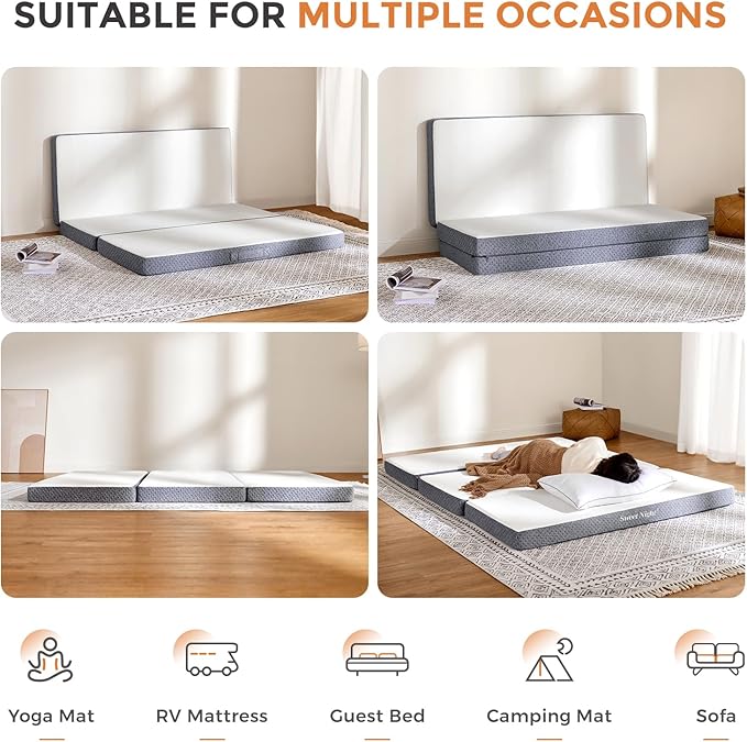 Sweetnight Tri Folding Mattress - 4-inch Foldable Mattress with a Collapsible and Washable Cover | Medium-Firm with Non-Slip Design | Suitable for RV Travel, Camping, Guest （Queen）
