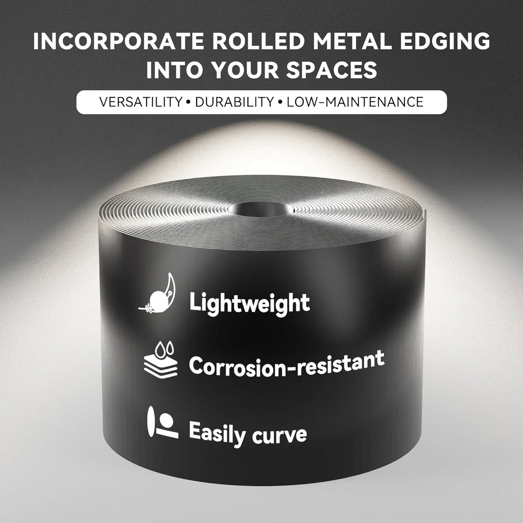 Worth Galvanized Steel Landscape Edging 6" x25' Metal Garden Edging Roll Flexible Bender Border with 8Pcs Stakes for Lawn, Flower Bed Edges, Black