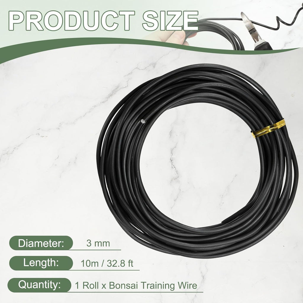 Bonsai Training Wire, 3 mm x 32.8 ft Anodized Aluminum Floral Plant Training Wire Bendable Metal Stems Accessories for Gardening Branch Fixing Crafts (Black)