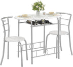 VECELO 3-Piece Dining Table Set for Kitchen Breakfast Nook, Faux Marbled Oval Tabletop and Metal Frame with Built-in Wine Rack, for Small Spaces, White & Silver