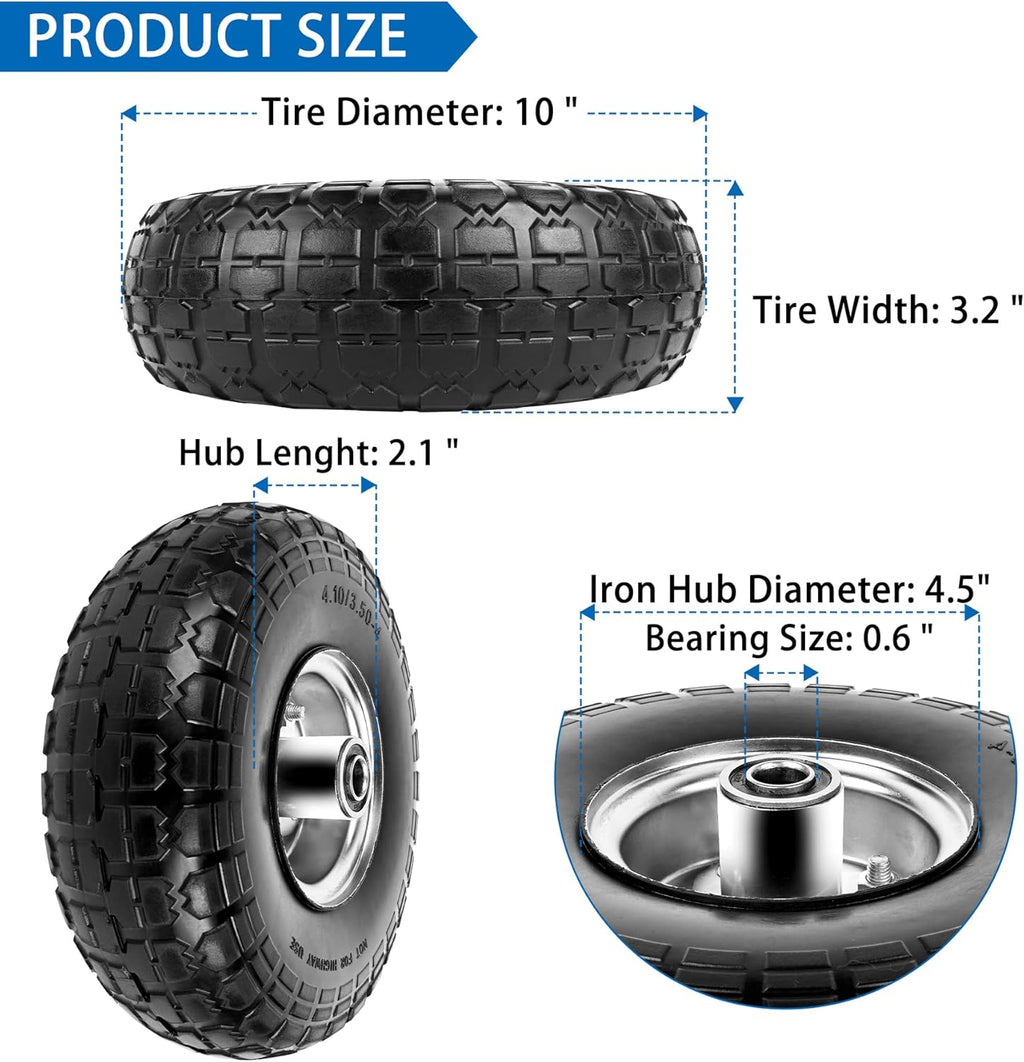 4.10/3.50-4 Tires and Wheels Flat Free 10 Inch Solid Tires Replacement with 5/8" Axle Bore Hole, 8 Spacers 4 Pins, for Cart, Garden Wagon, Wheelbarrow, Hand Truck, Trolley, Lawn Mower, 2P