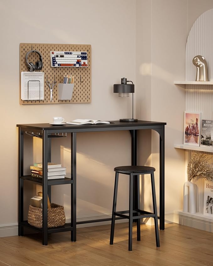 Small Bar Table Set for 2, Bar Table and Chair Set for 2, Kitchen Table for 2 with 2 Storage Shelves & Wine Glass Holder, Dining Table for Small Apartment, Dining Room, Black