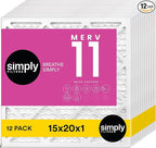 Simply 15x20x1 Air Filter, MERV 11, 12 Pack, For Home AC Furnace & HVAC (Actual Size: 14.75"x19.75"x0.75") DUST, Pet, & Allergy Control