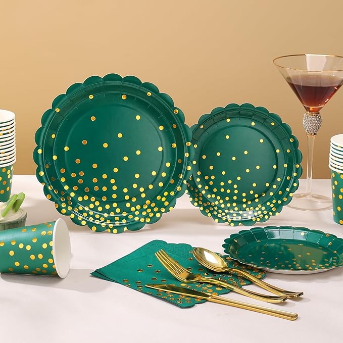 175Pcs Green and Gold Party Decoration - Green Plates and Napkins Party Supplies - Scalloped Paper Plates for Birthday Graduation Decorations, Serve 25 Guests