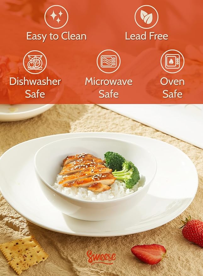 Sweese Porcelain Bowls Set - 6 Inch, 18 oz, White, for Soup, Cereal, Fruit, Rice, Set of 6 - Microwave, Dishwasher, Oven Safe