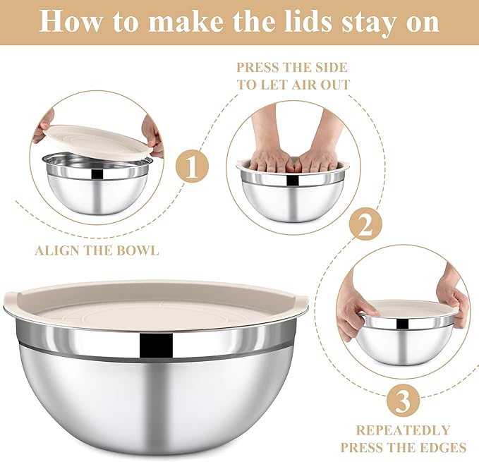Mixing Bowls with Lids Set - 7 Piece Khaki Nesting Stainless Steel Mixing Bowls for Kitchen, Sizes 4.5, 4, 3.5, 2.1, 1.5, 1.1, 0.7 Qt for Baking, Cooking and Serving, Dishwasher Safe