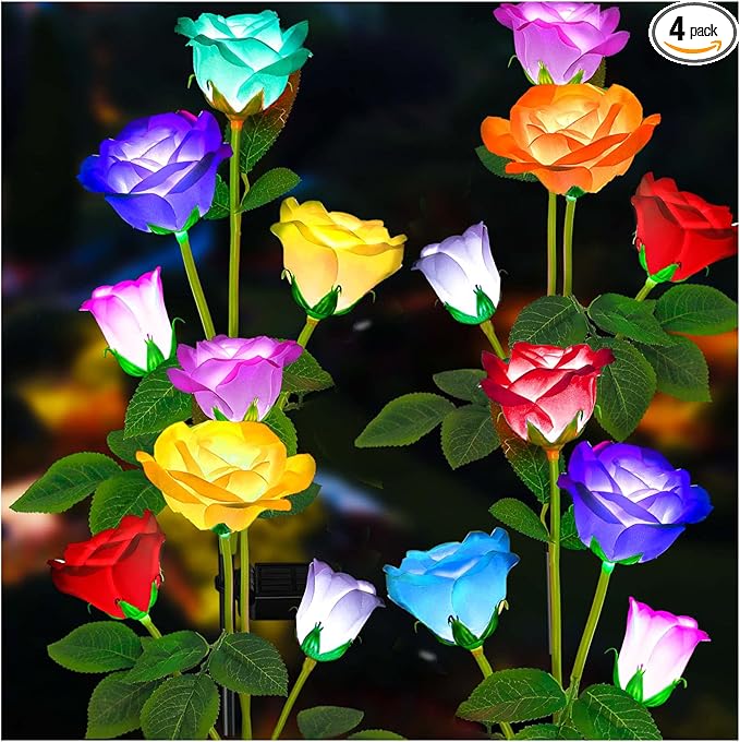 TONULAX Solar Garden Lights - Upgraded Outdoor Light, 7 Color Changing Rose Lights for Yard,Garden Decoration, Enlarged Solar Panel, More Realistic Rose Flower (4 Packs)