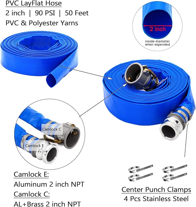 DAVCO 2" ID × 50 ft Pool Backwash Hose, Heavy Duty Reinforced Blue PVC Lay Flat Water Discharge Pump Hoses For Swimming Drain Pools and Clean Filters, with Aluminum Camlock C and E Fittings
