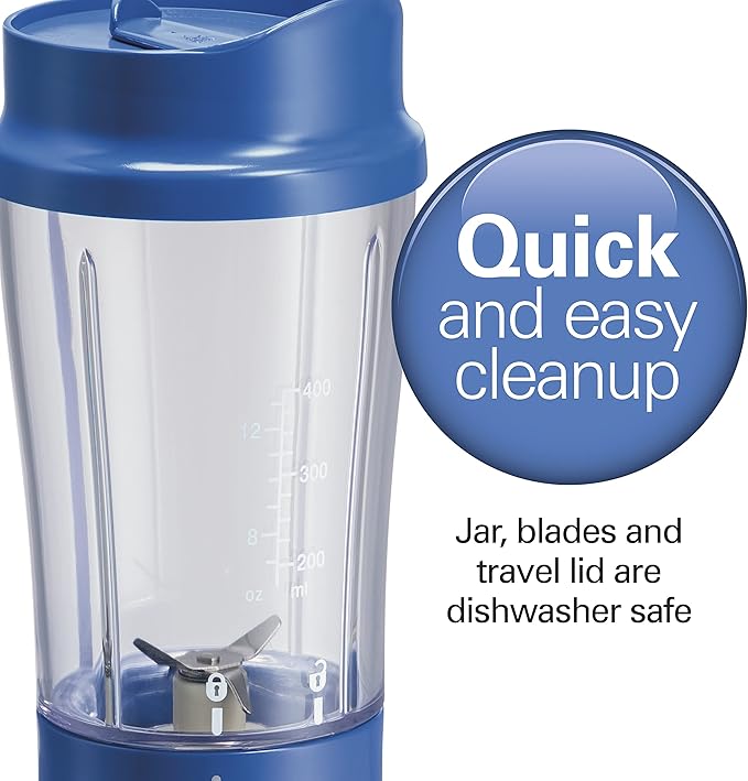 Hamilton Beach Portable Blender for Shakes and Smoothies, 14 Oz BPA Free Travel Cup & Lid, Durable Stainless Steel Blades, Personal Smoothie Blender, Blue (51132)