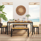 Gizoon 63" Dining Room Table Set for 6, Kitchen Table with 2 Benches and 2 Stools, Dining Table Set with Metal Frame, Space-Saving Kitchen Table Set for Apartment, Retro