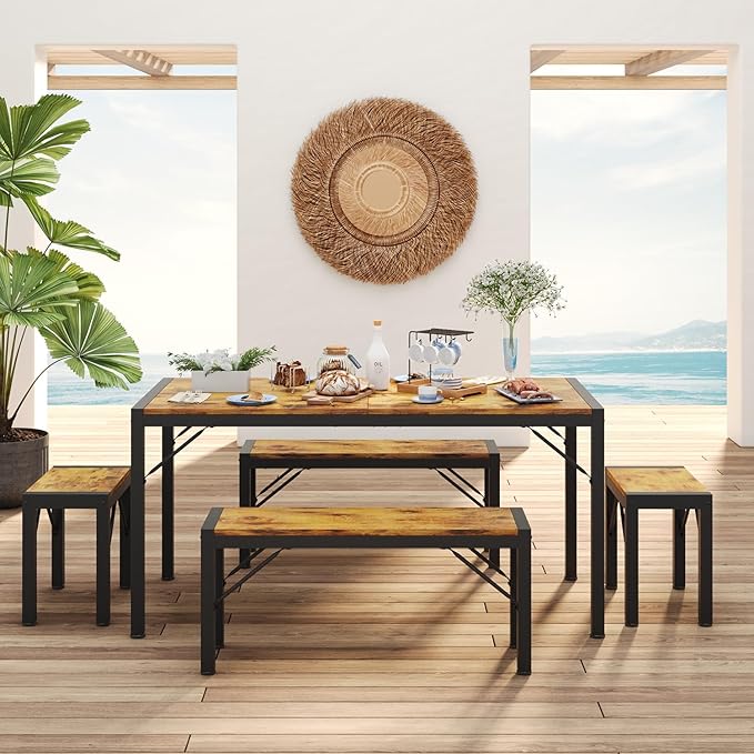 Gizoon 63" Dining Room Table Set for 6, Kitchen Table with 2 Benches and 2 Stools, Dining Table Set with Metal Frame, Space-Saving Kitchen Table Set for Apartment, Retro