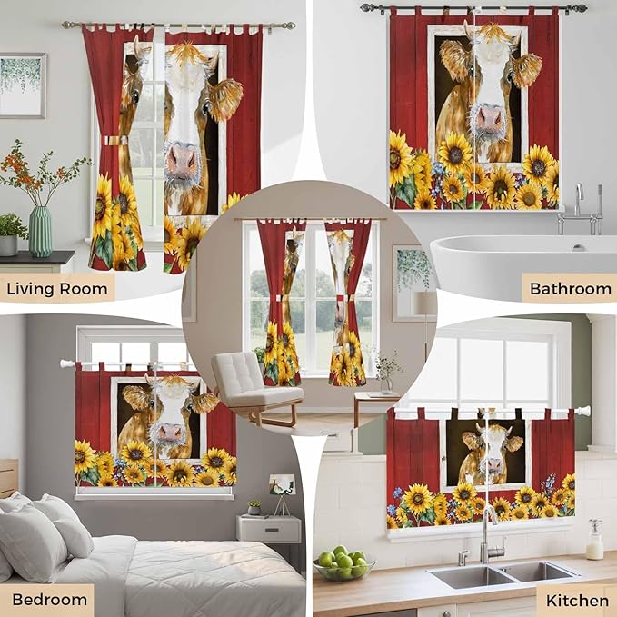 Cows Sunflowers Living Room Curtains 84 Inch Length, Window Curtains Tab Top, Spring Floral Bees Farmhouse Barn Light Filtering Window Treatments Drapes 52"x84" 2 Panel