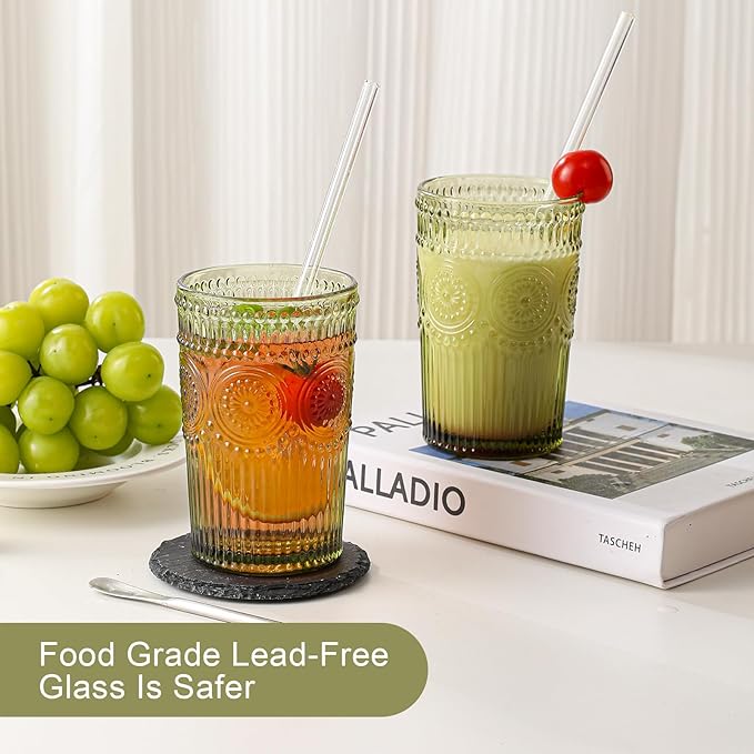 Vintage Glassware Drinking Glasses Set of 6,13 oz Green Textured Flower Design Glass Water Tumblers，Embossed Striped Drinkware for Water,Cocktails,Juice,Iced Coffee