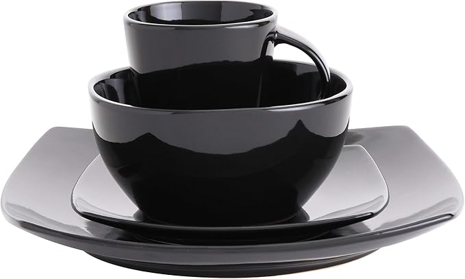 Gibson Elite Soho Lounge Square Reactive Glaze Stoneware Dinnerware Set, Service for 4 (16pc), Black