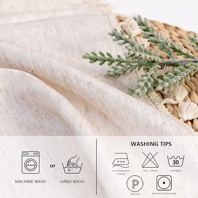 MYSKY HOME Table Cloth 60 in Round Cotton Tablecloth, Heavy Duty Linen Look Waterproof Tablecloths Farmhouse Tablecloth, Soft and Wrinkle Free Table Cover with Beige Tassels for Kitchen Dining, Party
