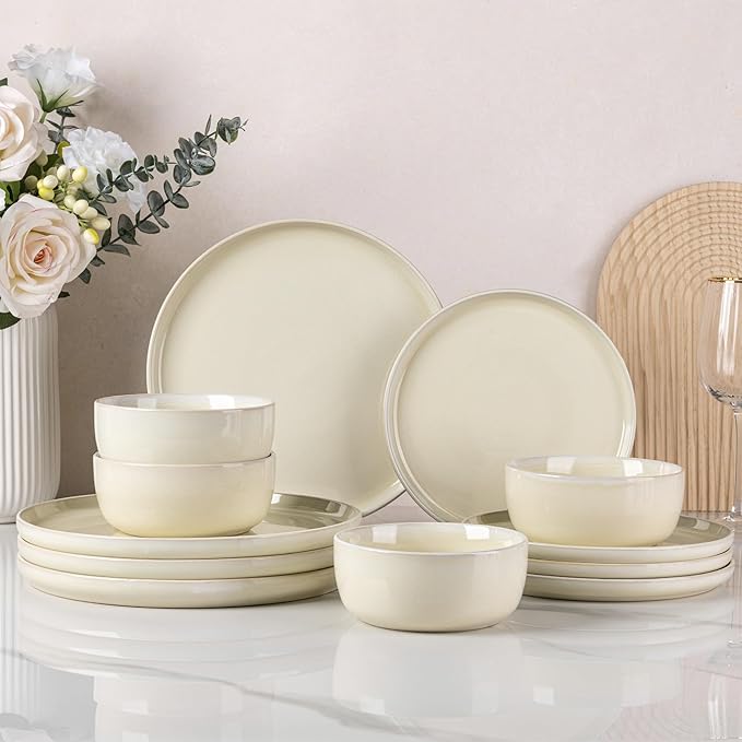 AmorArc Stoneware Dinnerware Sets for 4,Round Reactive Glaze Ceramic Plates and Bowls Set,Highly Scrath Resistant | Dishwasher & Microwave Safe Dishes Set,Service for 4 (12pc)