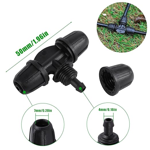 Drip Irrigation Emitters for 1/4" Drip Tubing,Adjustable 360 Degree Automatic Irrigation Drippers on 5.5" Arrow Stake,with1/4 Locked Tee for Watering System(10Pcs Drippers and 10Pcs Tee)