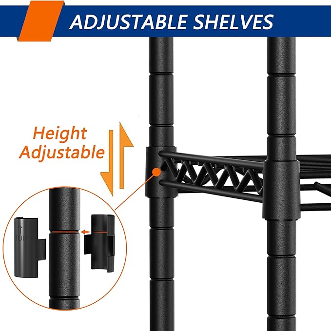 6-Shelf Adjustable Heavy Duty Storage Shelving Unit, Metal Organizer Wire Rack for Laundry Bathroom Kitchen Pantry Closet with Wheels, Black