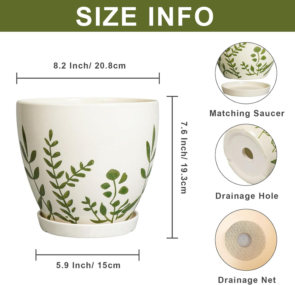 Ceramic Pot for Plants 8.2 Inch - Indoor Plant Pot with Drainage Hole and Saucer, Decorative Boho Round Outdoor Planter, Gardening Gifts for Women Men, Room Patio Office Home Decor, White
