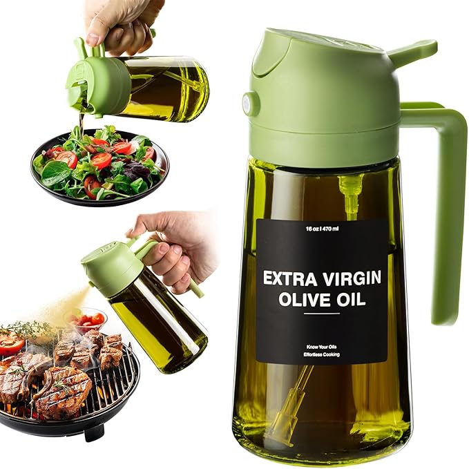 CXINYI - 16oz/470ml Olive Oil Dispenser for Kitchen with Stickers - 2 in 1 Olive Oil Sprayer for Cooking, Air Fryer, and Salad, Green (Light-Proof Kitchen Gadget)