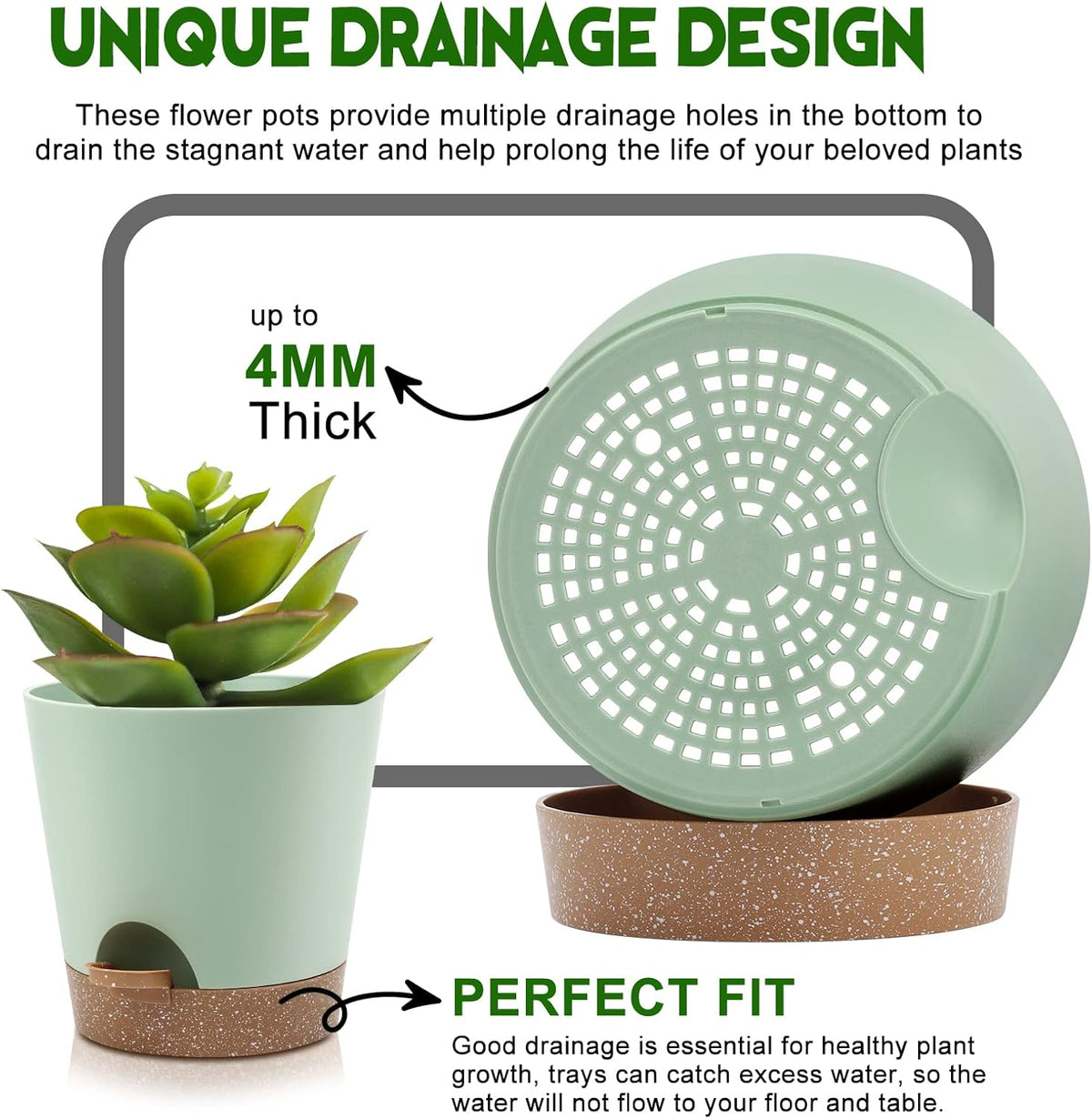 Indoor Self Watering Planters with Drainage Holes and Saucers, 9,8, 7.5 Inches, Green, 3 Pots (Springgreen)