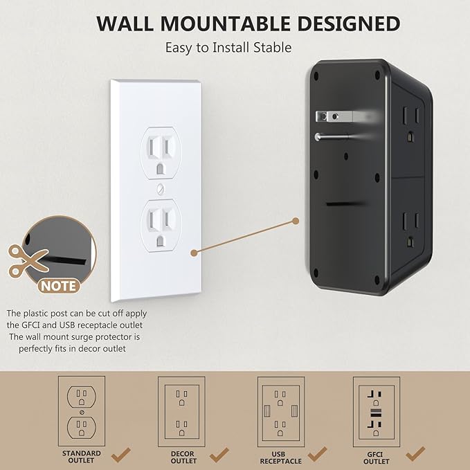 Outlet Extender Surge Protector - 6 Outlet Splitter with 4 USB Ports (2 USB C), Multiple Plug Expander Wall Charger, 3 Sided Multi Plug Wall Adapter Power Strip for Home Office Kitchen Travel