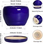 SQOWL Ceramic Planters for Indoor Plants - 6 Inch Plant Pot with Drainage Hole and Saucer, Round Small Planter, Modern Decorative Flower Pot Outdoor, Living Room Decor, Garden Gifts for Women, Blue