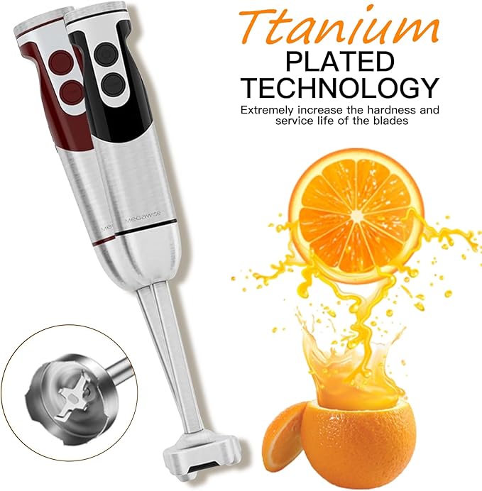 MegaWise Pro Titanium Reinforced 5-in-1 Immersion Hand Blender, Powerful Motor with 80% Sharper Blades, 12-Speed Corded Blender, Including 500ml Chopper, 600ml Beaker, Whisk and Milk Frother (Black)