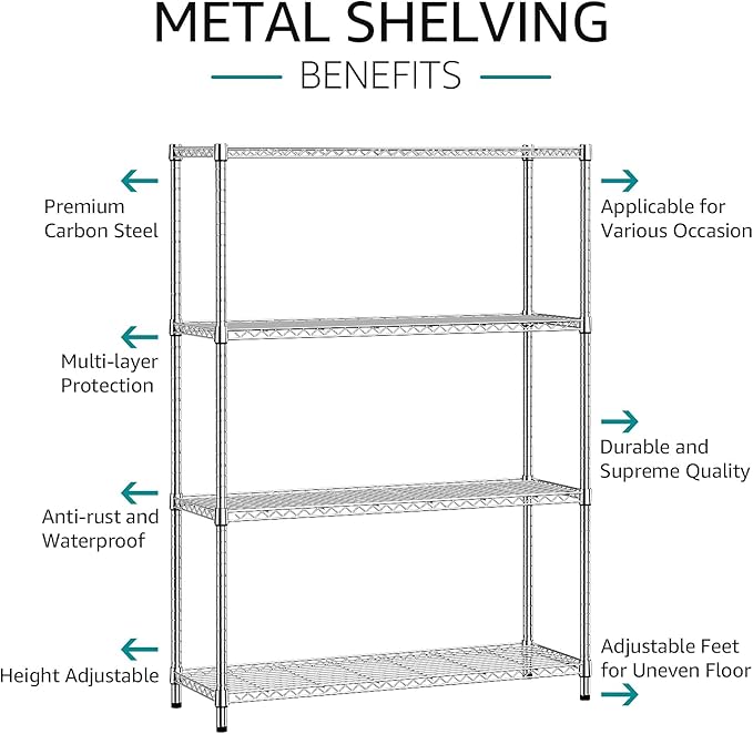 IZEUK 1400 LBS Garage Chrome Shelving Wide Storage Shelves 4 Tier Adjustable Heavy Duty Metal Wire Rack Standing Shelf Unit for Kitchen Office College Dorm Garage Warehouse 15.8" x 45.8"x 59.4"