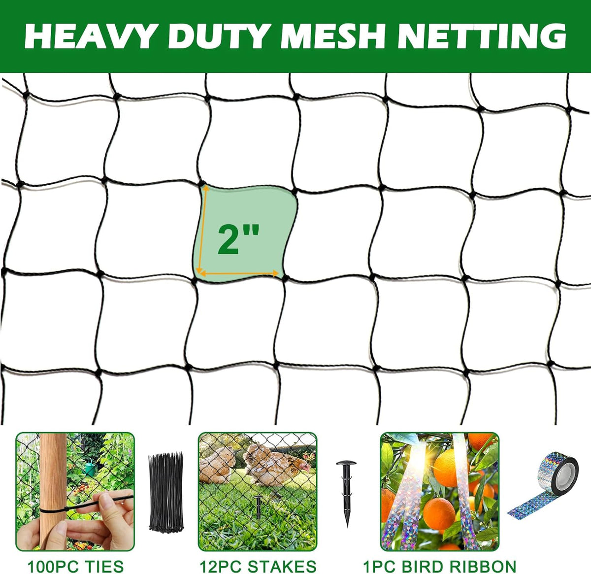 50'x50' with 2" Mesh Bird Netting for Chicken Coop with Bird Scare Tape, Hawk Nettings for Chicken Run, Heavy Duty Poultry Nettings Chicken Netting Roof Deer Net