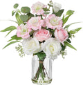 Hollyone Fake Flowers in Vase with Faux Water Artificial Silk Rose Flowers Arrangement with Eucalyptus Plants with Vase Faux Silk Rose Flowers Bouquets Table Centerpieces Office Bathroom Home Decor