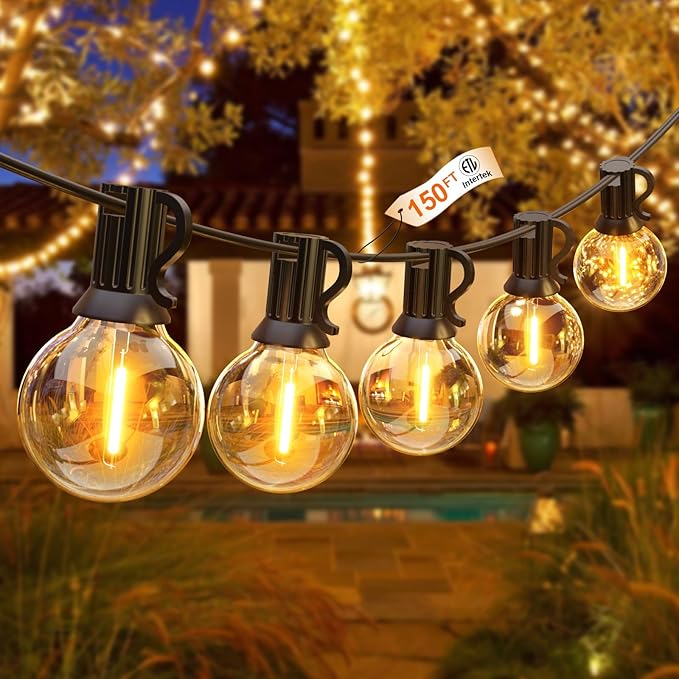String Lights for Outside 150FT,Dimmable Waterproof Outdoor String Lights with 75+2 Shatterproof G40 Globe Bulbs Connectable LED Patio Lights, Commercial Hanging Lights for Christmas Backyard Party