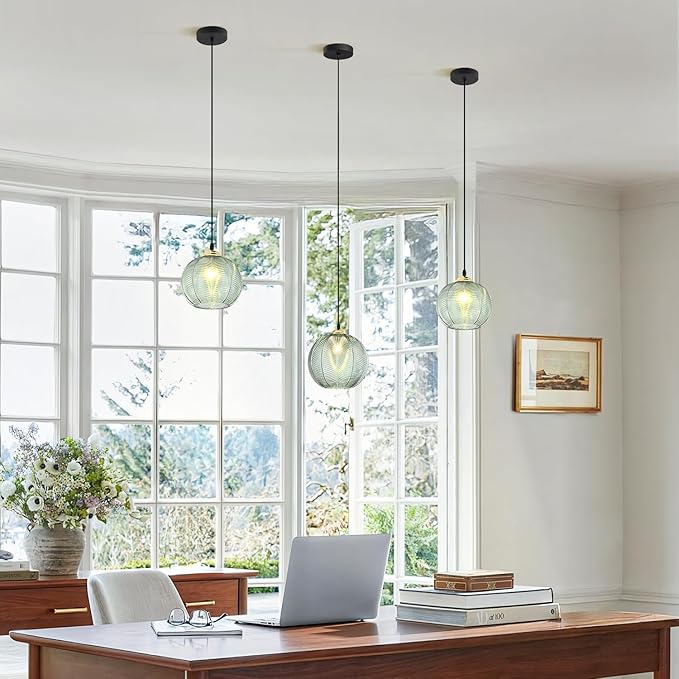 KCO Lighting Single Green Glass Pendant Light Large Globe Pendant Lighting Nordic Ribbed Ceiling Hanging Chandelier Light Vintage Dining Room Kitchen Island Light Fixture