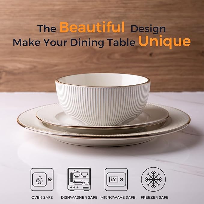 GBHOME Ceramic Dinnerware Sets,12 pcs Embossed Elegant Stoneware Plates and Bowls Sets, Housewarming Wedding Gift | Dishwasher & Microwave Safe | Dishes Set Service for 4