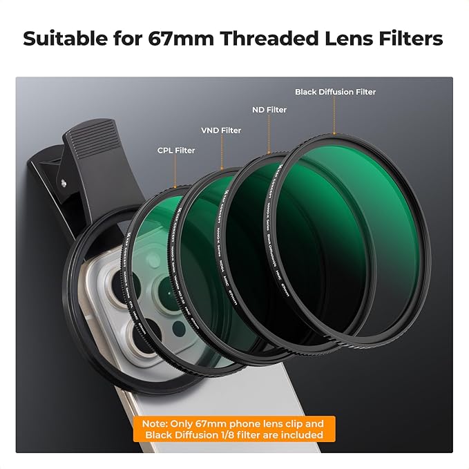 K&F CONCEPT 67mm Clip-on Black Diffusion 1/8 Phone Camera Lens Filter Kit, Mist Cinematic Effect Filter Compatible with iPhone 16 15 14 13 12 11, for Video/Vlog/Portrait Photography