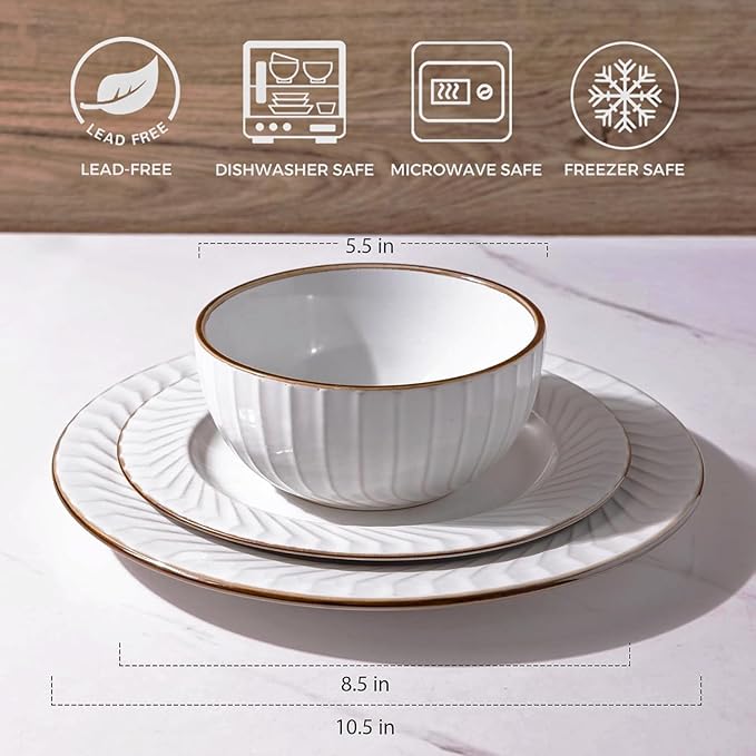GBHOME Ceramic Dinnerware Sets,12 pcs Embossed Elegant Stoneware Plates and Bowls Sets, Housewarming Wedding Gift | Dishwasher & Microwave Safe | Dishes Set Service for 4