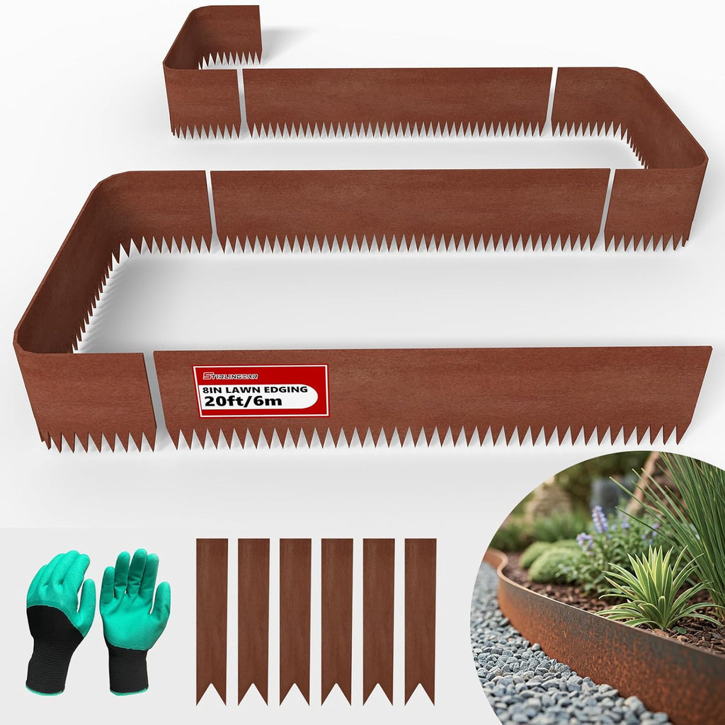 STIRLINGEAR Cor-Ten Steel Landscape Edging, 6-Pack (20 ft Total) – 8" Rustic Metal Garden Border