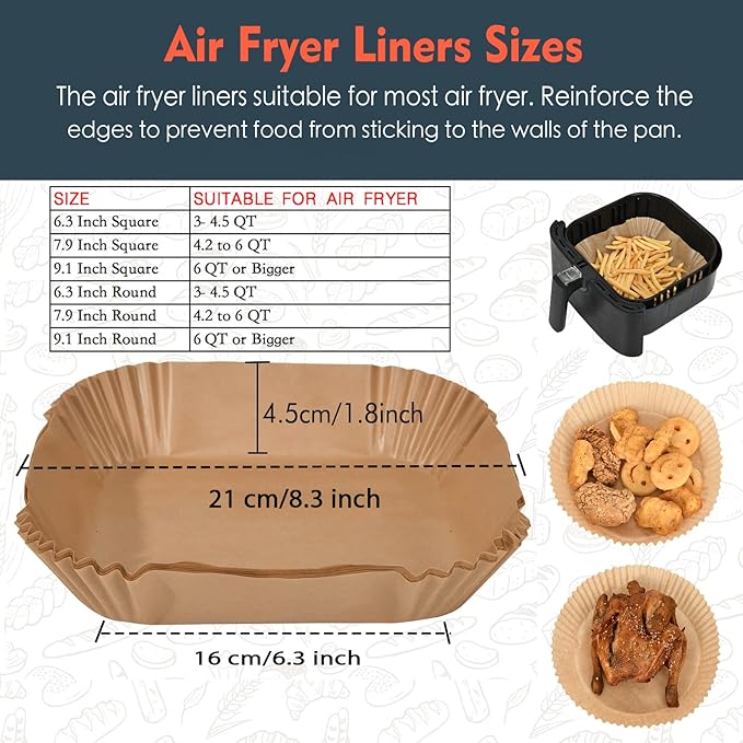 [3-Size] Air Fryer Disposable Paper Liner Square Compatible with COSORI and Ninja Air Fryer Toaster Oven, Non-stick Air Fryer Parchment Paper Baking Accessories