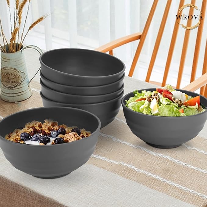 Wheat Straw Bowls Set 60 OZ Unbreakable Large Cereal Bowls Set of 6 Microwave and Dishwasher Safe Bowls Big Bowls for Apartment and Dorm BPA Free Soup Bowl for Serving Oatmeal and Salad (Deep Gray)