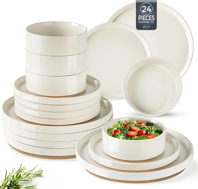 AmorArc Ceramic Dinnerware Set for 8 | Speckled Stoneware Plates and Bowls with Rustic Terracotta Underside| Scratch Resistant,Dishwasher & Microwave Safe Dishes Sets- 24pcs Beige